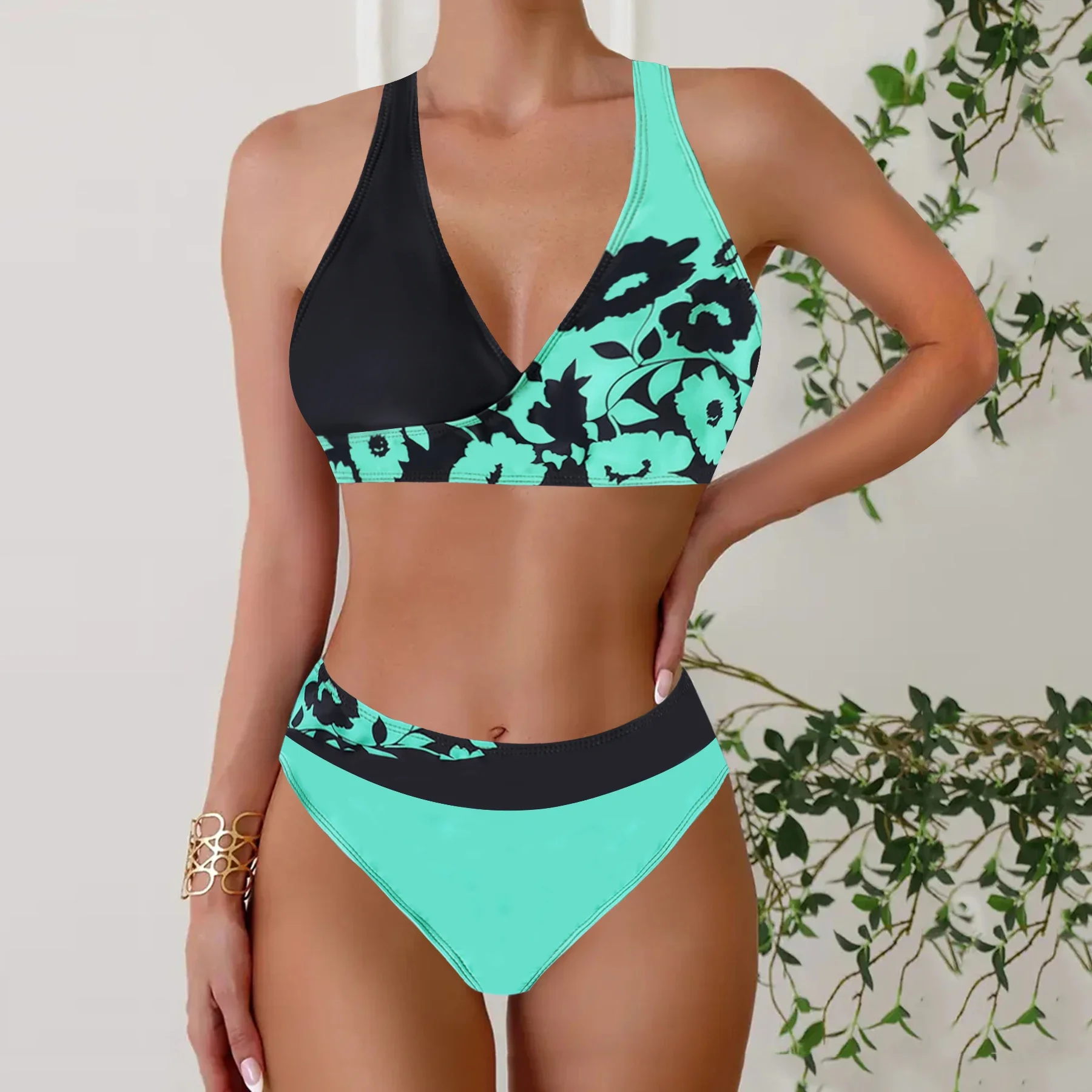Two Piece Women's Tropical Print Bikini Set Summer Vacation Swimsuit Lady Print Tankini Tops  Summer Beach Swimwear