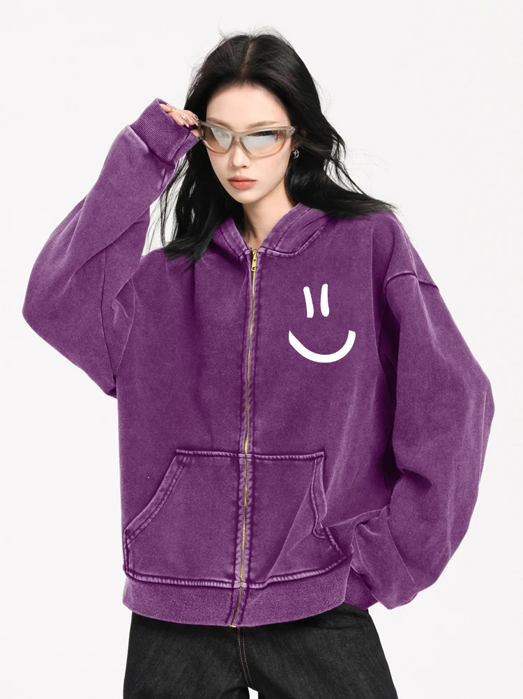 Minimalist Smile Face Print Female Washed Zipper Hoodie All-Match High Quality Hoody Vintage Casual Clothes Autumn Loose Hooded