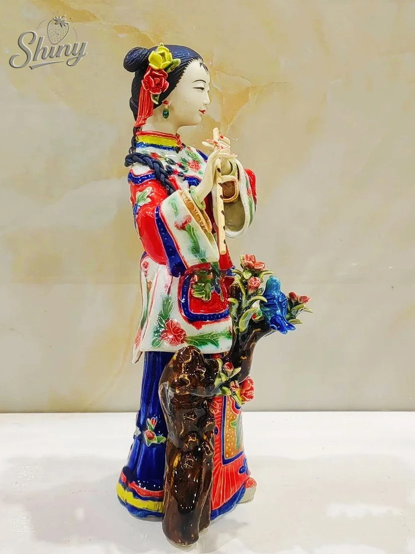 Shiwan Figurine Ceramic Flute-Playing Beauty Statue Handcrafted Decorative Item Home Desktop Ornament