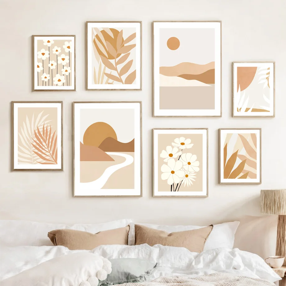 Wall Art Canvas Painting Bohemia Sun Lines Rainbow Leaf Flower Beige Posters and Prints Hotel Bar For Living Room Home Decor