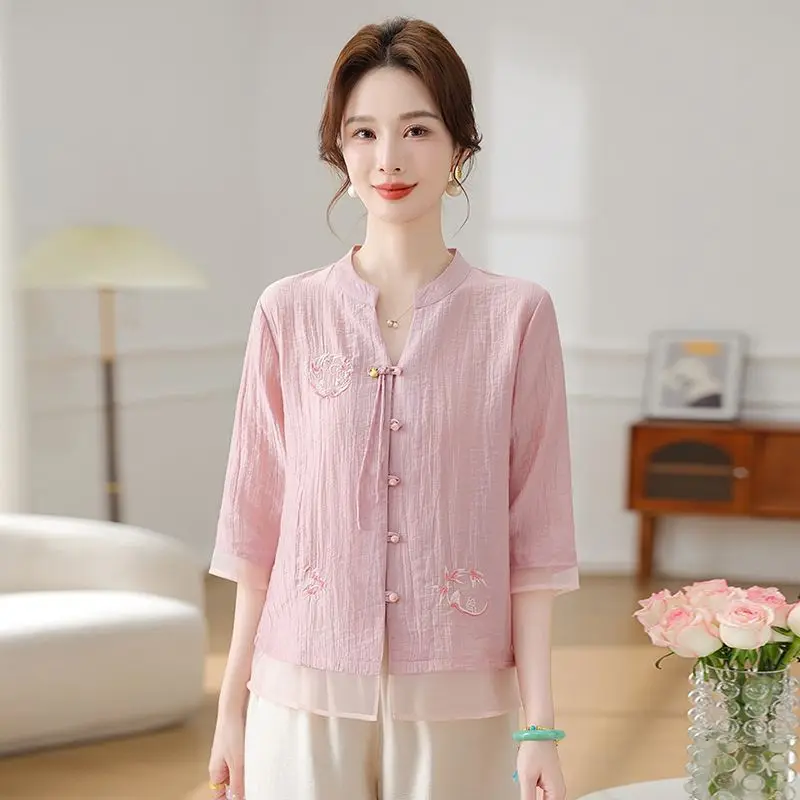 

Chinese Knot Mother Embroidered Top Shirt Elderly Spring Summer 7/8 Sleeve Shirt New Stylish Blouse