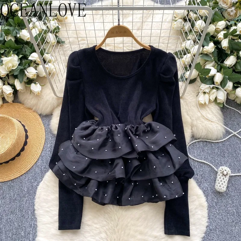 

OCEANLOVE Corduroy Blouses Ruffles Autumn Winter Vintage Elegant Woman Shirts Korean Fashion Puff Sleeve Sweet Blusas Mujer