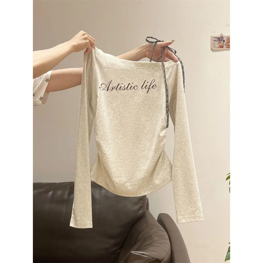 Slim Fit Plaid Tie Shoulder Long Sleeve T-Shirt Women Early Autumn New Korean Style Elegant Versatile Body Shaping Top