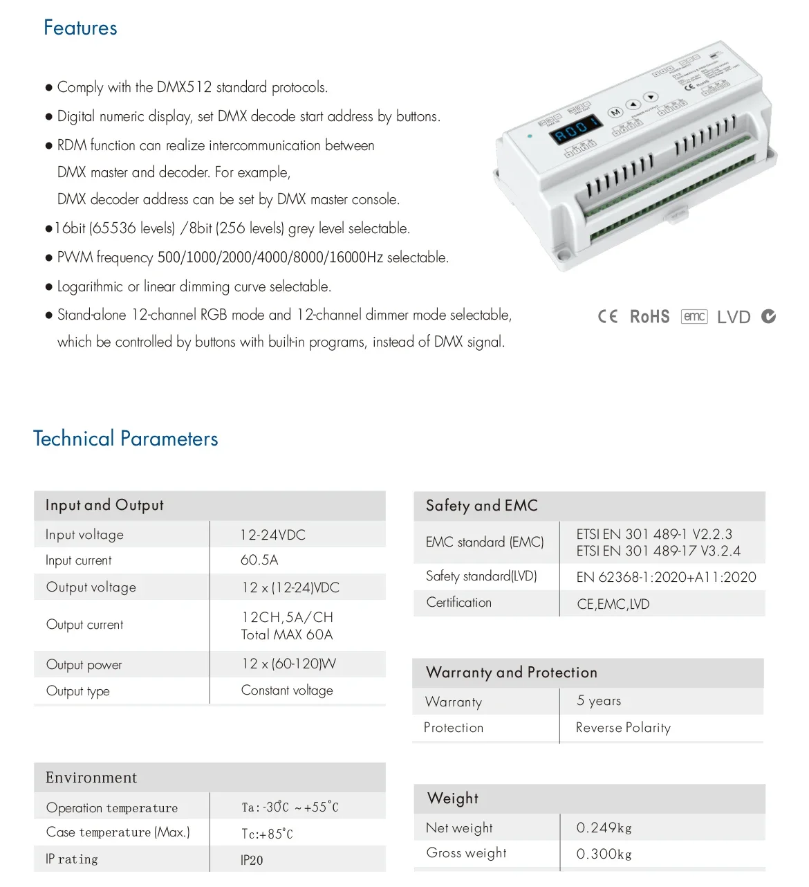 D12 12-24VDC CV DMX Decoder 12 Channels 12CH*5A DMX Dimming Controller DMX512 Engineering Decoder For Din Rail RGB LED Strip