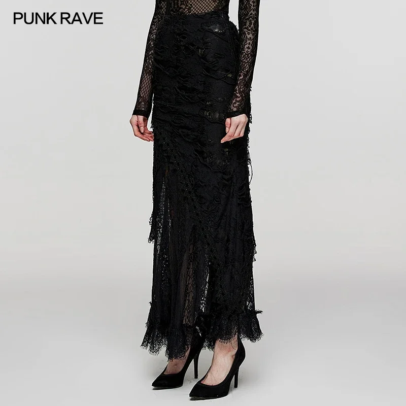 PUNK RAVE Women's Gothic Ripped Knit Lace Long Skirt Dark  Feel Club Hallowmas Black  Women Clothing