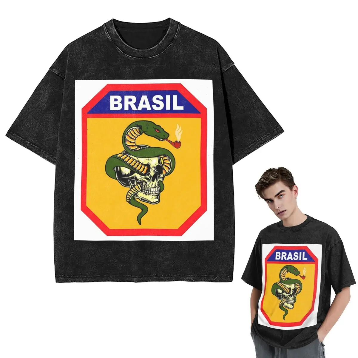

Streetwear T-Shirts The Smoking Snake Brazilian Expeditionary Force Pacht Washed T Shirt Short Sleeve Tops Tees for Men Women