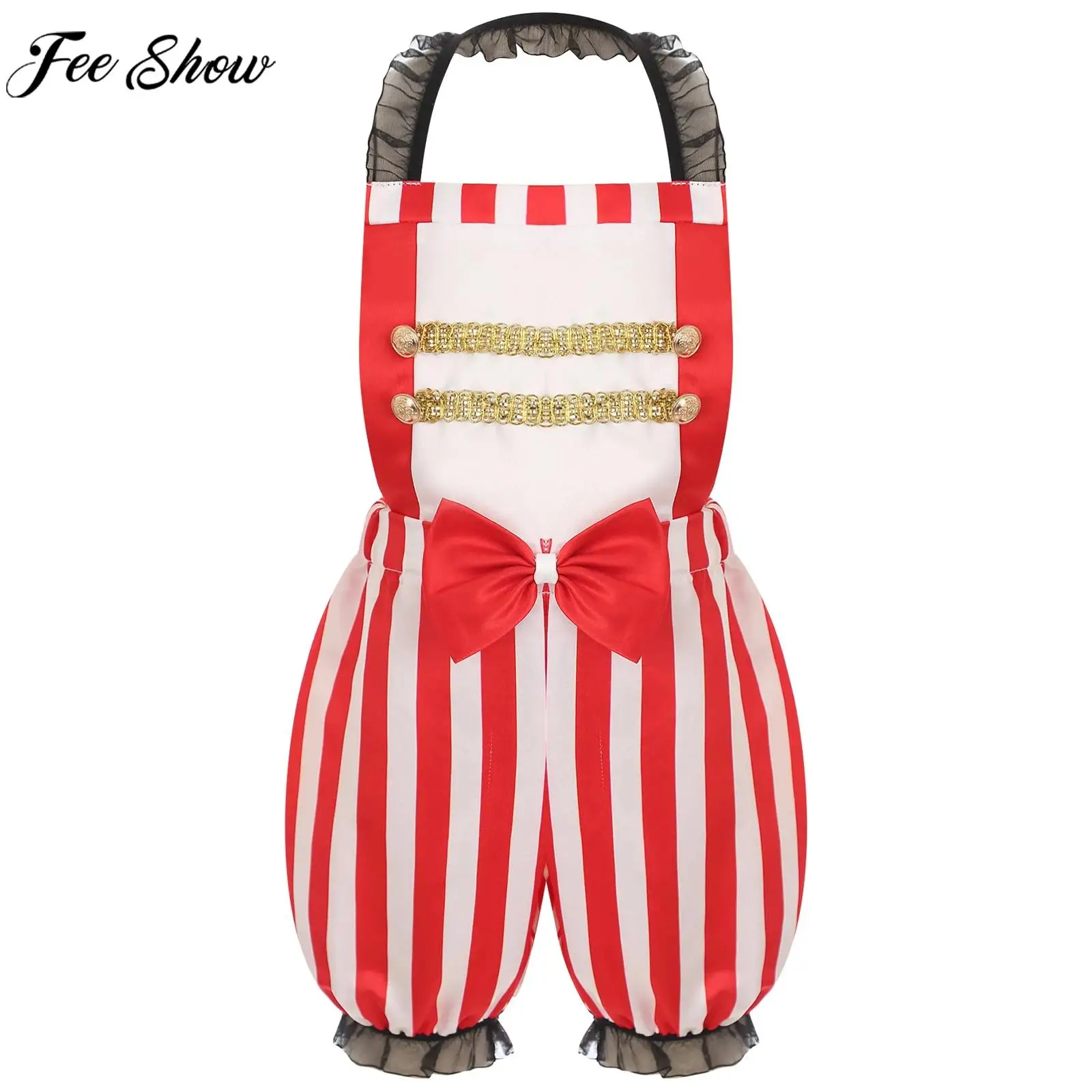 Kids Girls Halloween Christmas Circus Ringmaster Magician Cosplay Performance Costume Sleeveless Backless Stripe Romper Jumpsuit