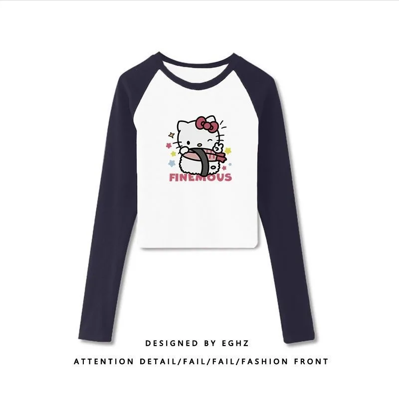 Sanrios Anime Kawaii Hellokittys Trendy Sweet Spicy Girl Slim Fit Raglan Long Sleeved T-shirt with Contrast Printed Bottom