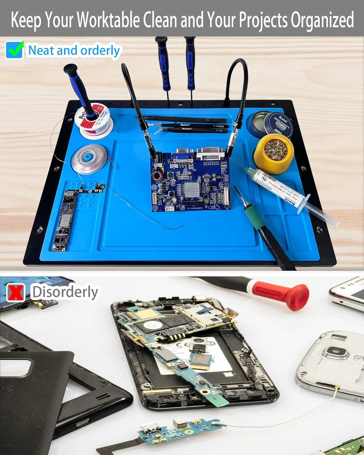 Helping Hands Soldering Station with 6 Flexible Arms, Heat-Resistant Silicone Mat for Electronic Repair & Jewelry DIY