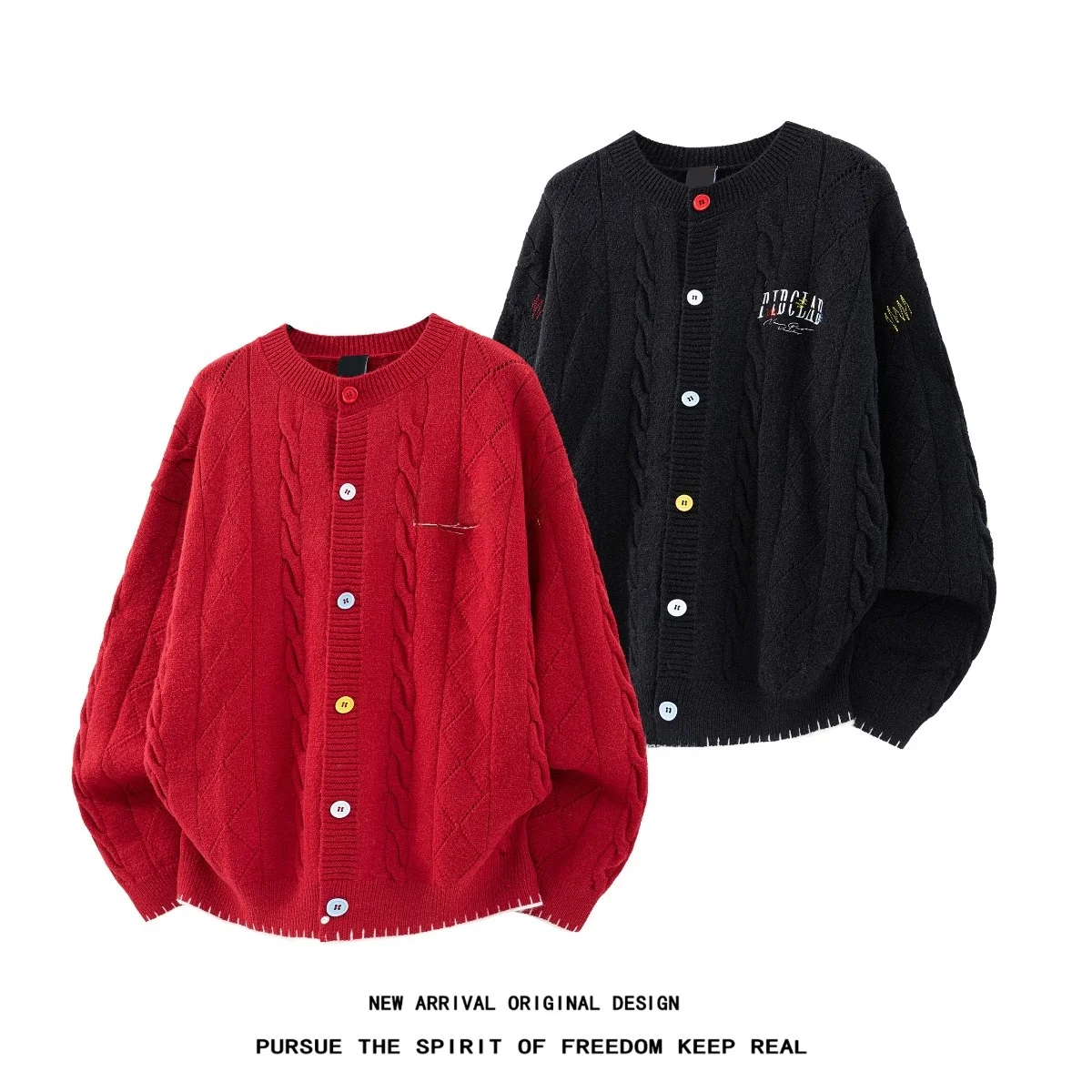 Red Loose Knitted Sweater Coat for Men Casual American Style Autumn Winter Fashion Slimming Top Couple Matching Outerwear