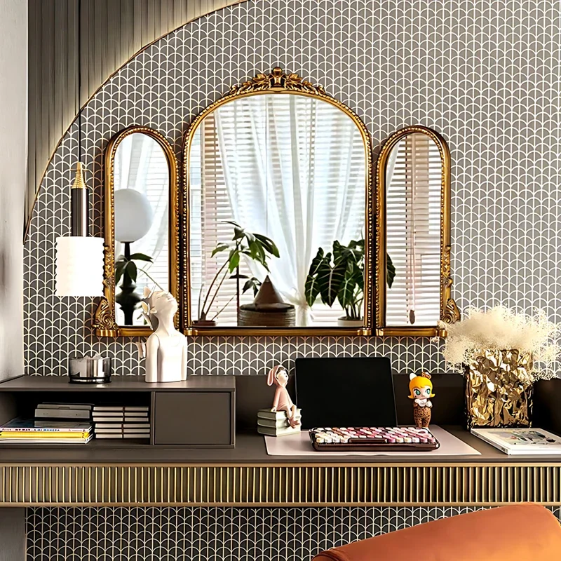 

French Retro Carved Folding European Style Bedroom Dressing Living Room Fireplace Entrance Decorative Mirror