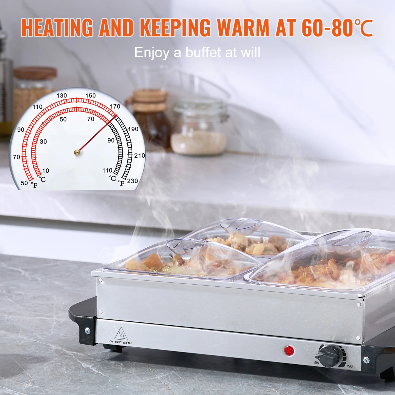 VEVOR-servidor eléctrico para Buffet, calentador de alimentos portátil de acero inoxidable, juego de platos para rozaduras, Control de temperatura, sartén segura para horno para fiestas y eventos