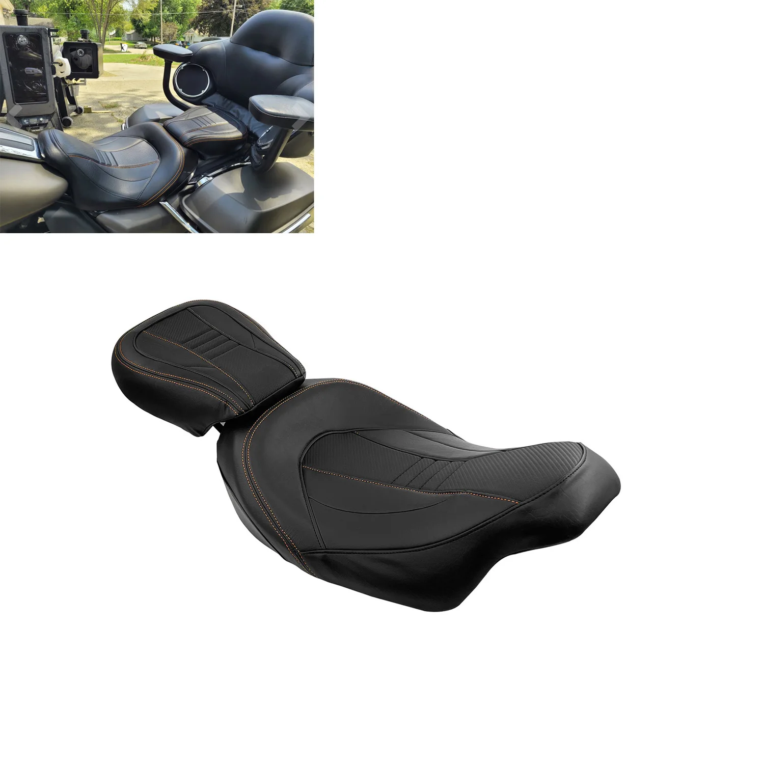 

Orange Stitching Two Up Low-Profile Passenger Rider Driver Pillion Seat For Harley Touring CVO Street Glide Road King 2009-2021