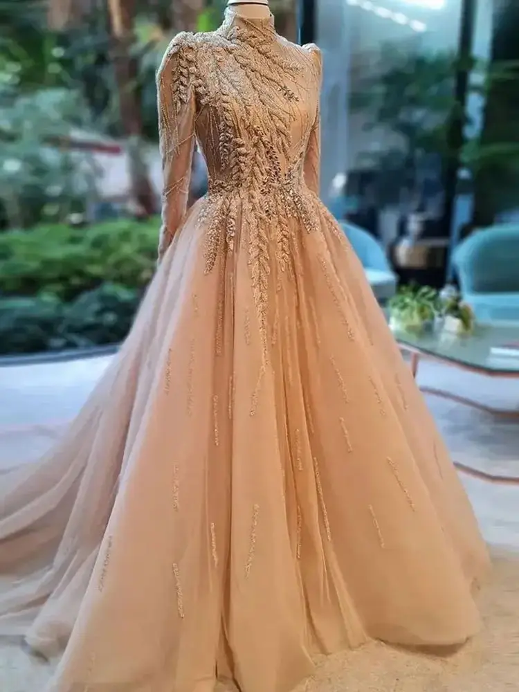 Vestidos de graduación musulmanes de Dubai, vestidos de baile de princesa de manga larga con Apliques de encaje de cuello alto, vestidos de Quinceañera de regreso a casa, elegantes