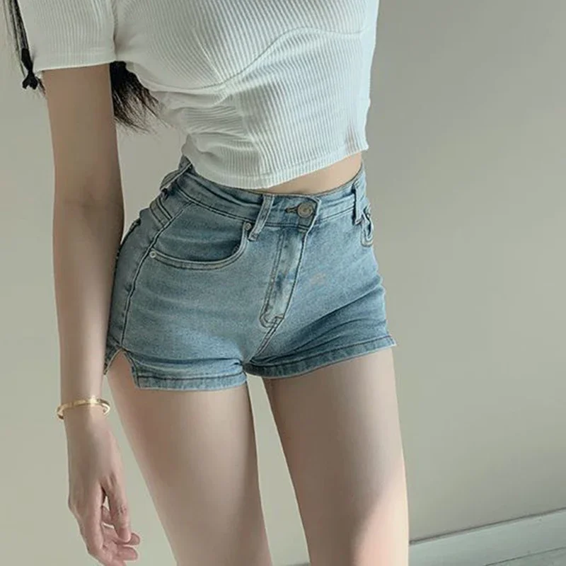 Pantaloncini di jeans coreani Pantaloncini skinny a vita bassa sexy blu con spacco laterale da donna Moda Harajuku Y2K Jeans estivi di base High Street