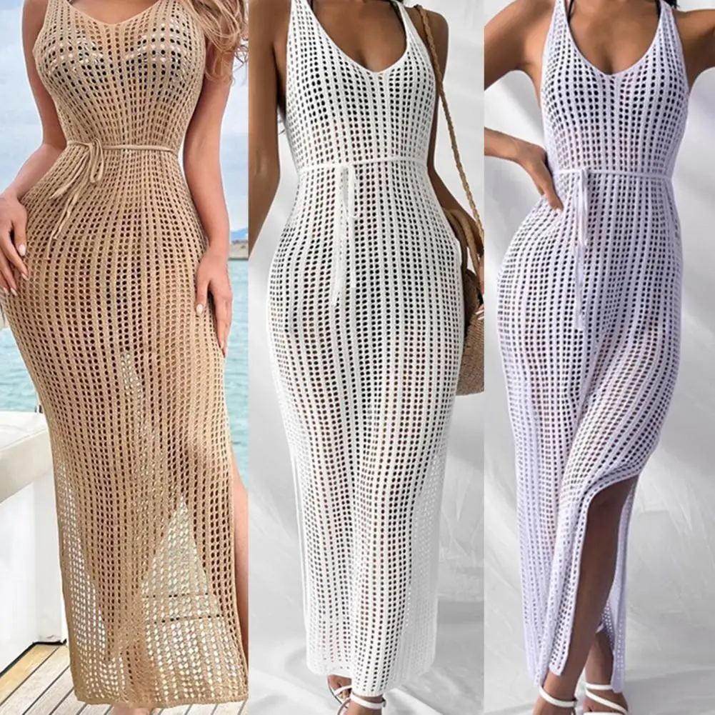 Populer penutup luar gaun bernapas Hollow keluar wanita warna murni celah Bikini menutupi gaun pantai perlindungan matahari