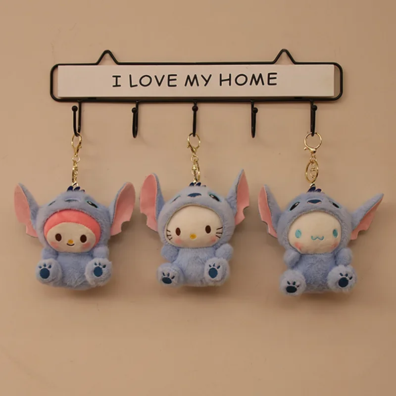 Sanrio Hello Kitty Cos Stitch Plush Keychain Cute Transformation Stitch Pendant Kulomi Plush Doll Bag Hanging Keychain