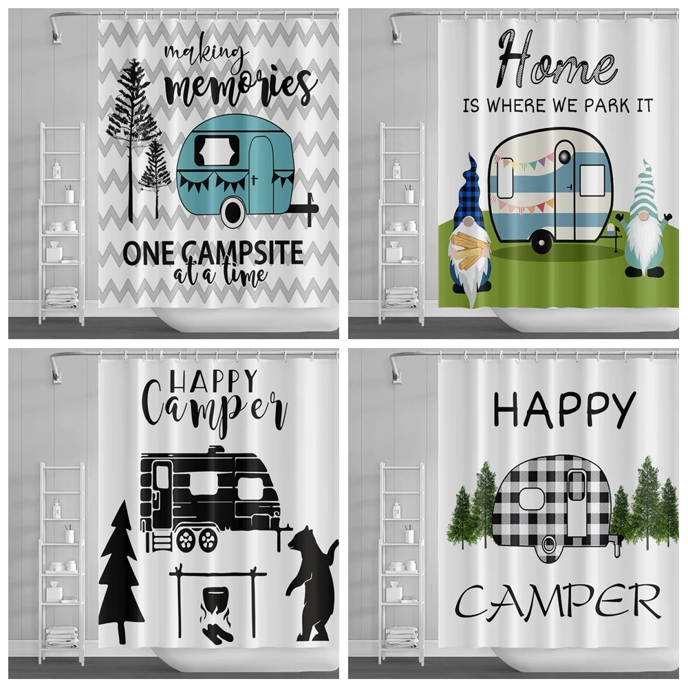 

Camper Shower Curtain Waterproof Rv Printed Happy Camper Mountains Polyester Cloth Kawaii Bath Curtain For Bathroom Decoration