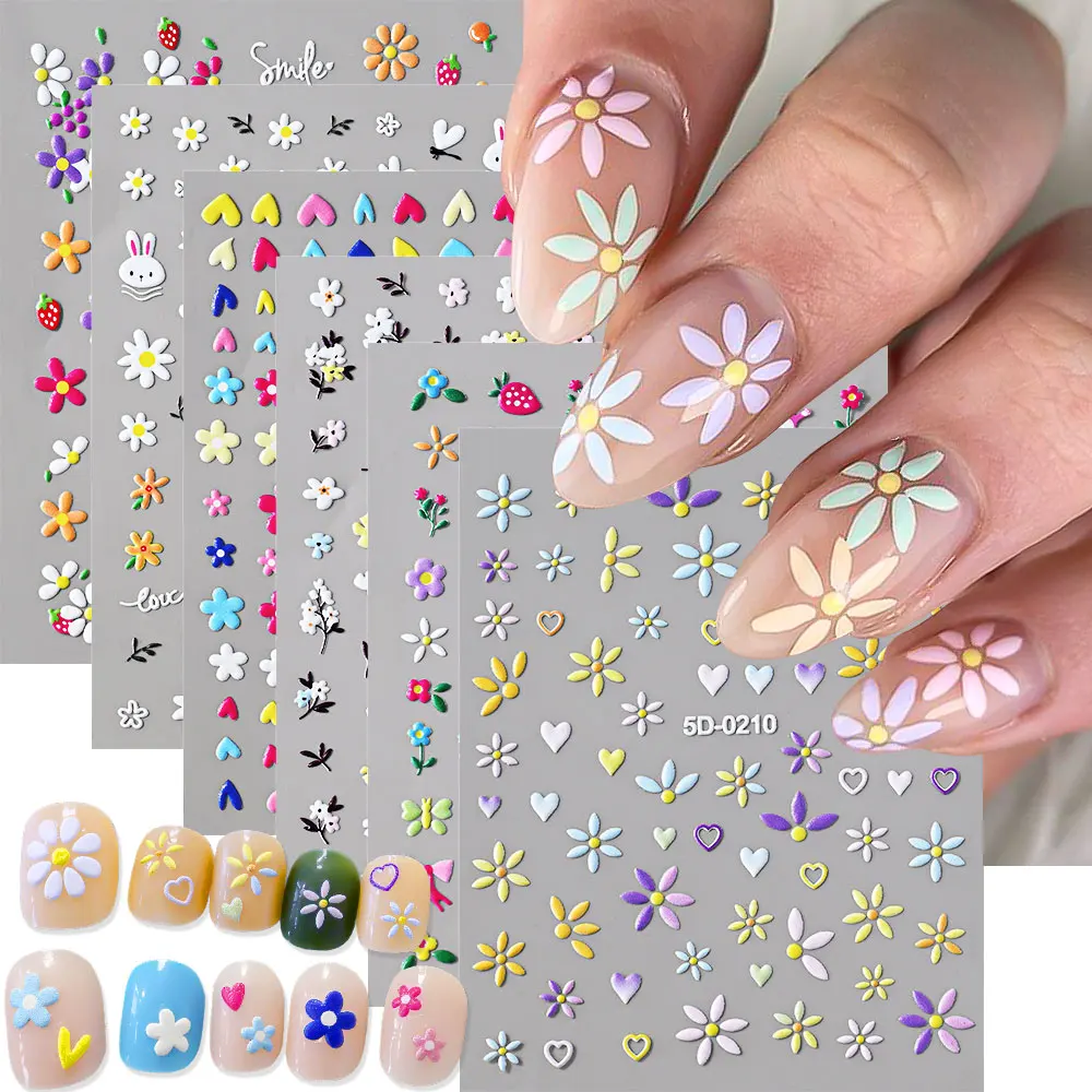 1szt 2025 Nowe naklejki na paznokcie 5D Daisy Flower Purple White Floral Cute Little White Rabbit Emboss Nail Decal Plant Manicure Decor