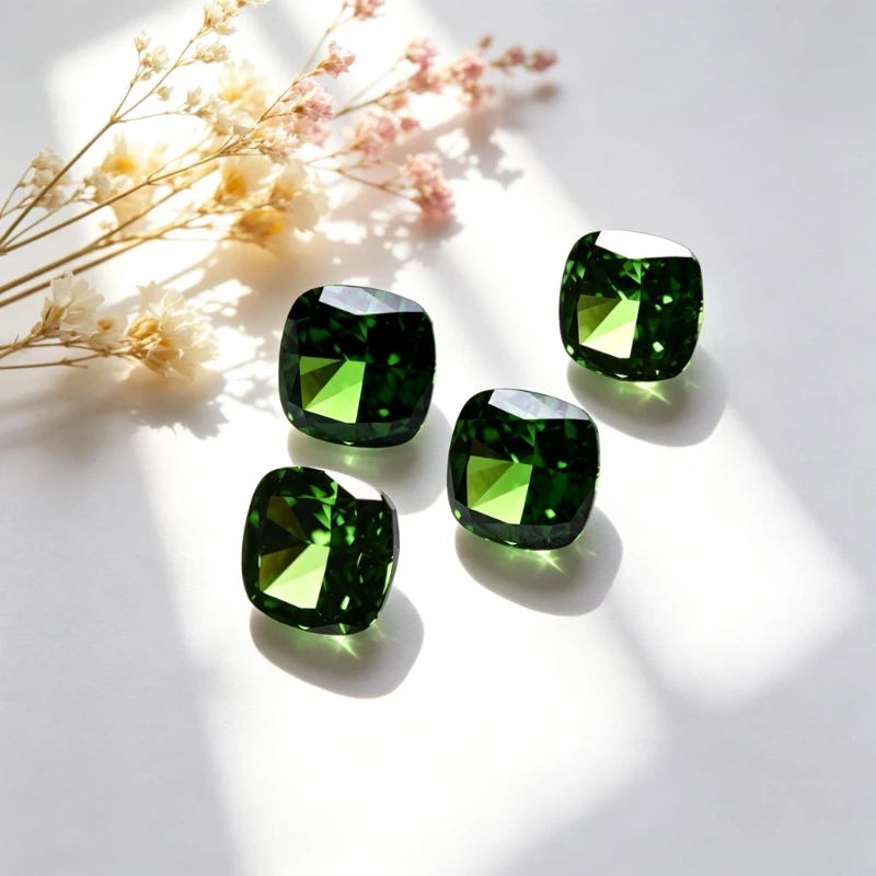 Kubisches Zirkonium, Crushed-Ice-Schliff, quadratische Kissenform, grüne Farbe, 5A+-Qualität, CZ, 4K-Schliff, hochkarätiger Diamant – Detail 6