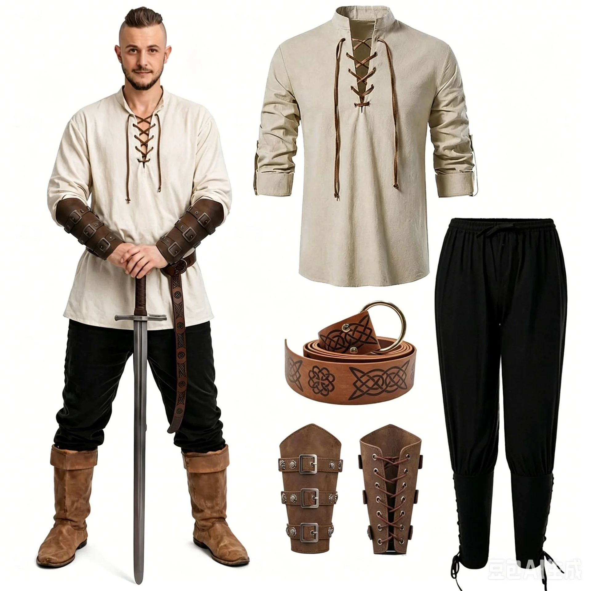 Männer Mittelalterliches Renaissance-Cosplay-Kostümset Halloween Karneval Hemd Hose Outfit Bühnenauftritt Ritter Krieger Faschingskostüm – Detail 11