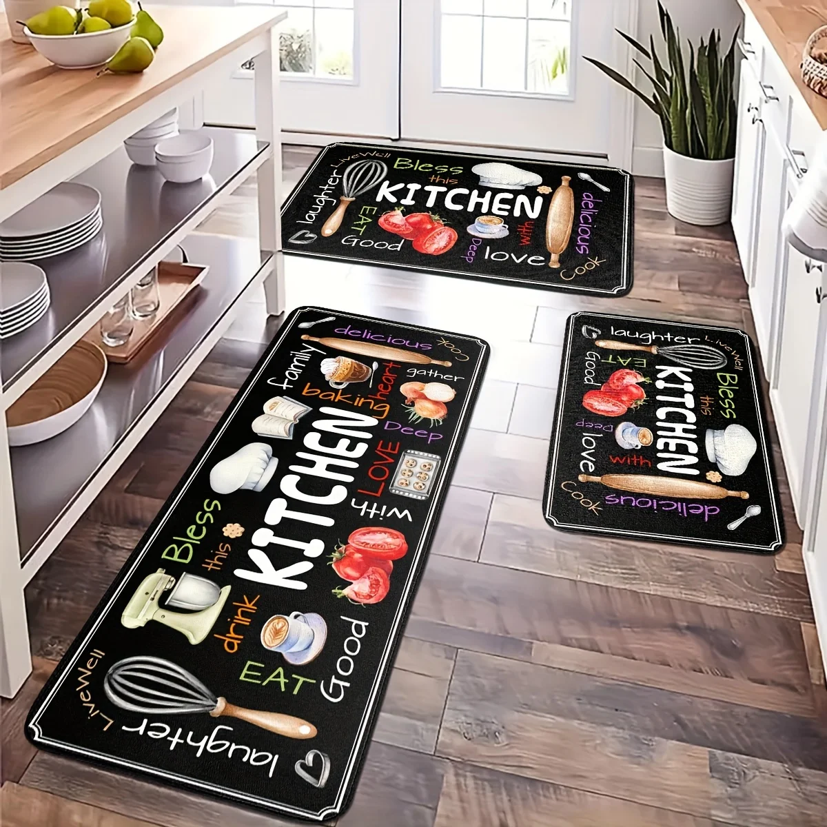 Cartoon Spoon Spatula Pattern Black Kitchen Carpets Bathroom Toilet Non-slip Floormat Balcony Hallway Dining Room Rug Home Decor