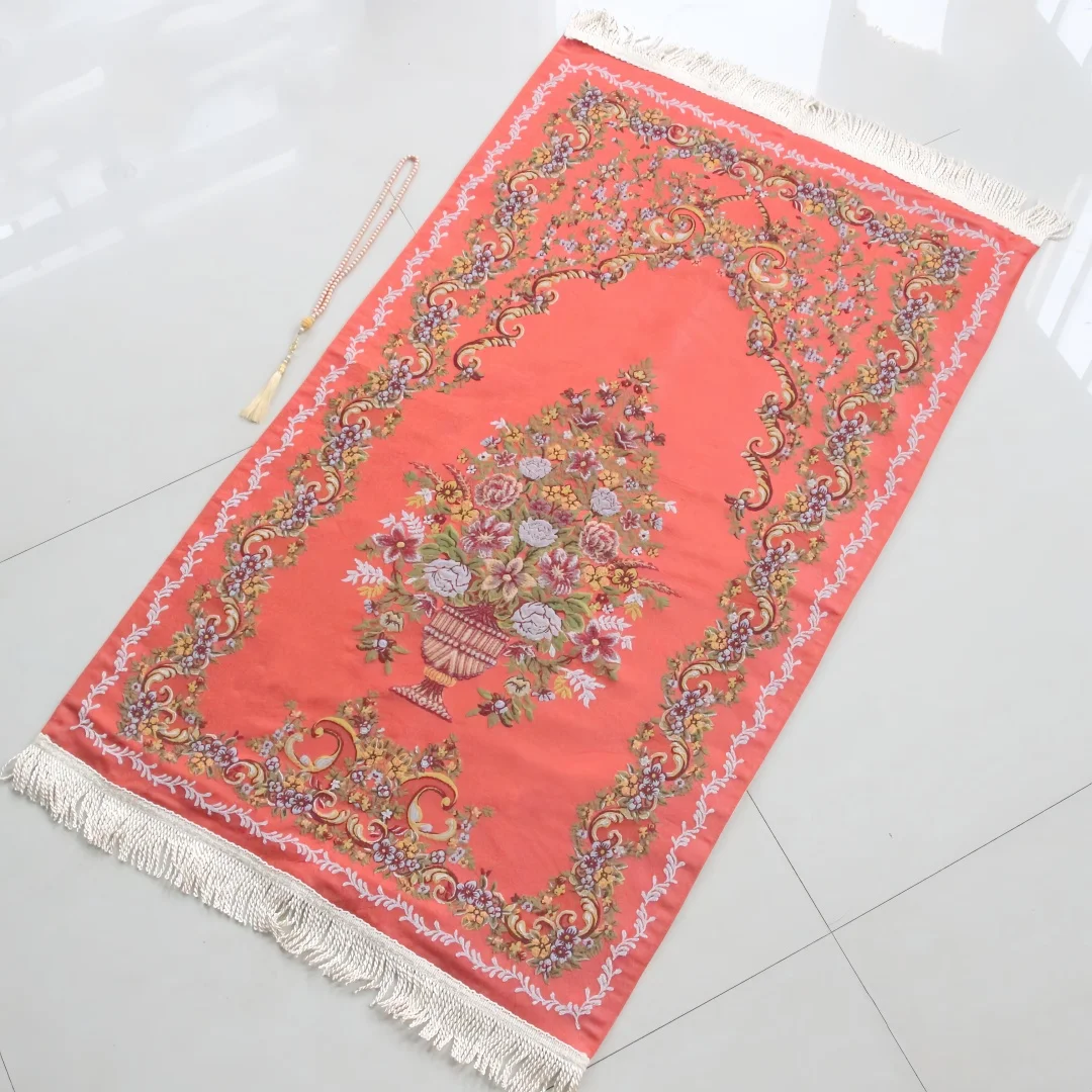 Light Luxury Imitation Silk Prayer Rug, 3D Flower Basket Embroidery Craft, Smooth Fabric, Prayer Mat Specially for Adults