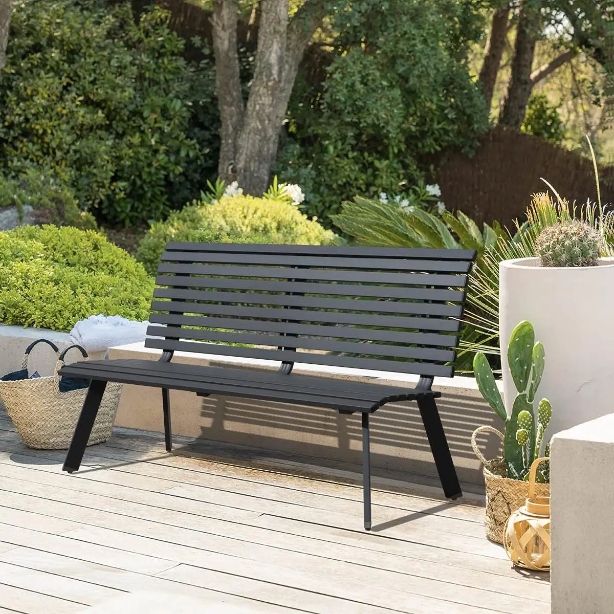 Soleil Jardin Outdoor Aluminum Garden Bench, Patio Porch Chair Furniture, Slatted Design w/Backrest, Dark Grey