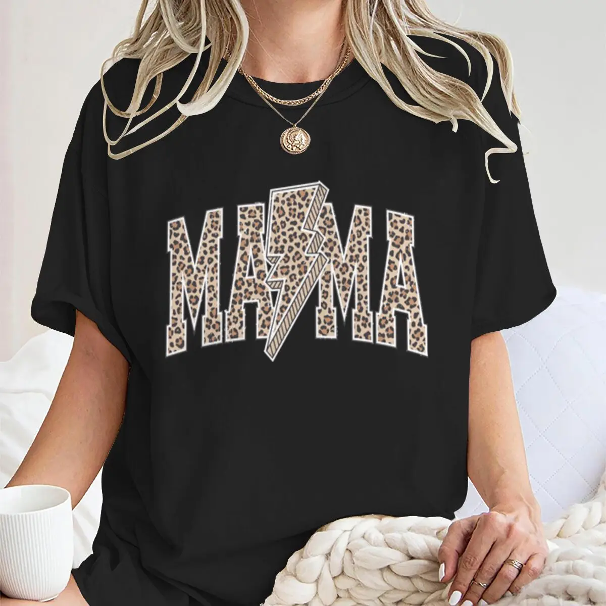 Lightning Leopard Pattern Mother's Day T-shirts Fashion Casual Mom Life Streetwear Crewneck Short Sleeve Women Mama Tshirts