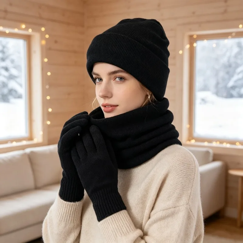 Christmas New Year Gift Men Women Thick Cold Resistant Knitted 3 Piece Scarf Hat And Gloves Set Autumn Winter Warm Accessory