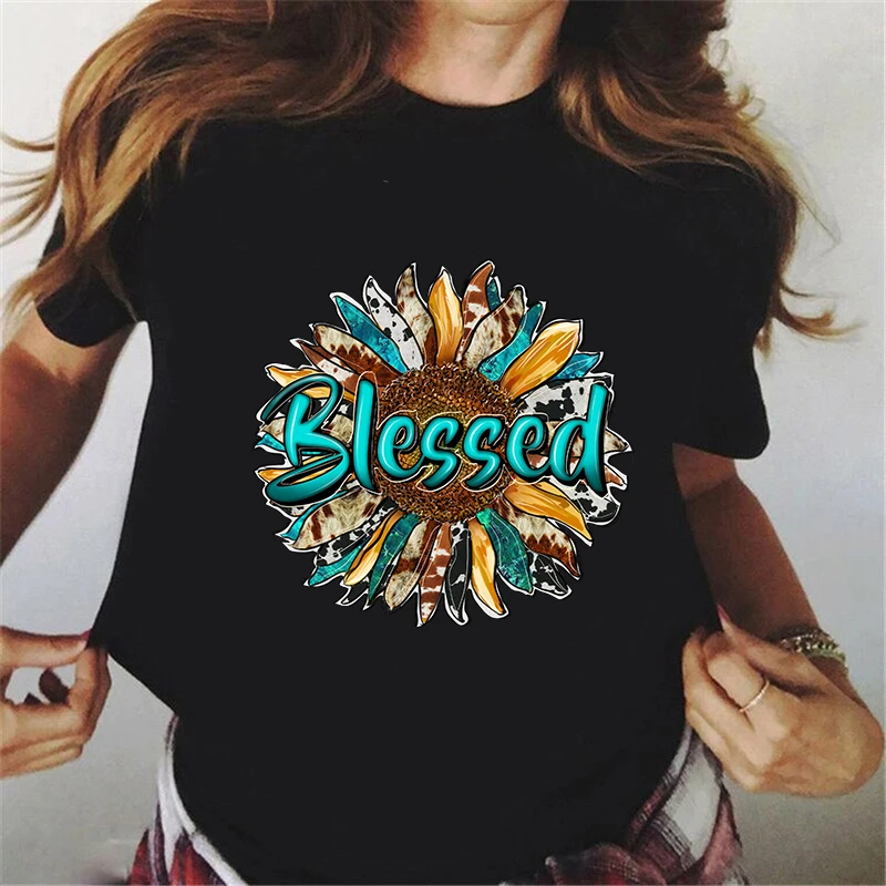 Western Blessed Sunflower's Print Harajuku Fashion Casual Tshirt Clothes Top T Shirt Women Graphic Short Sleeve White T Shirt