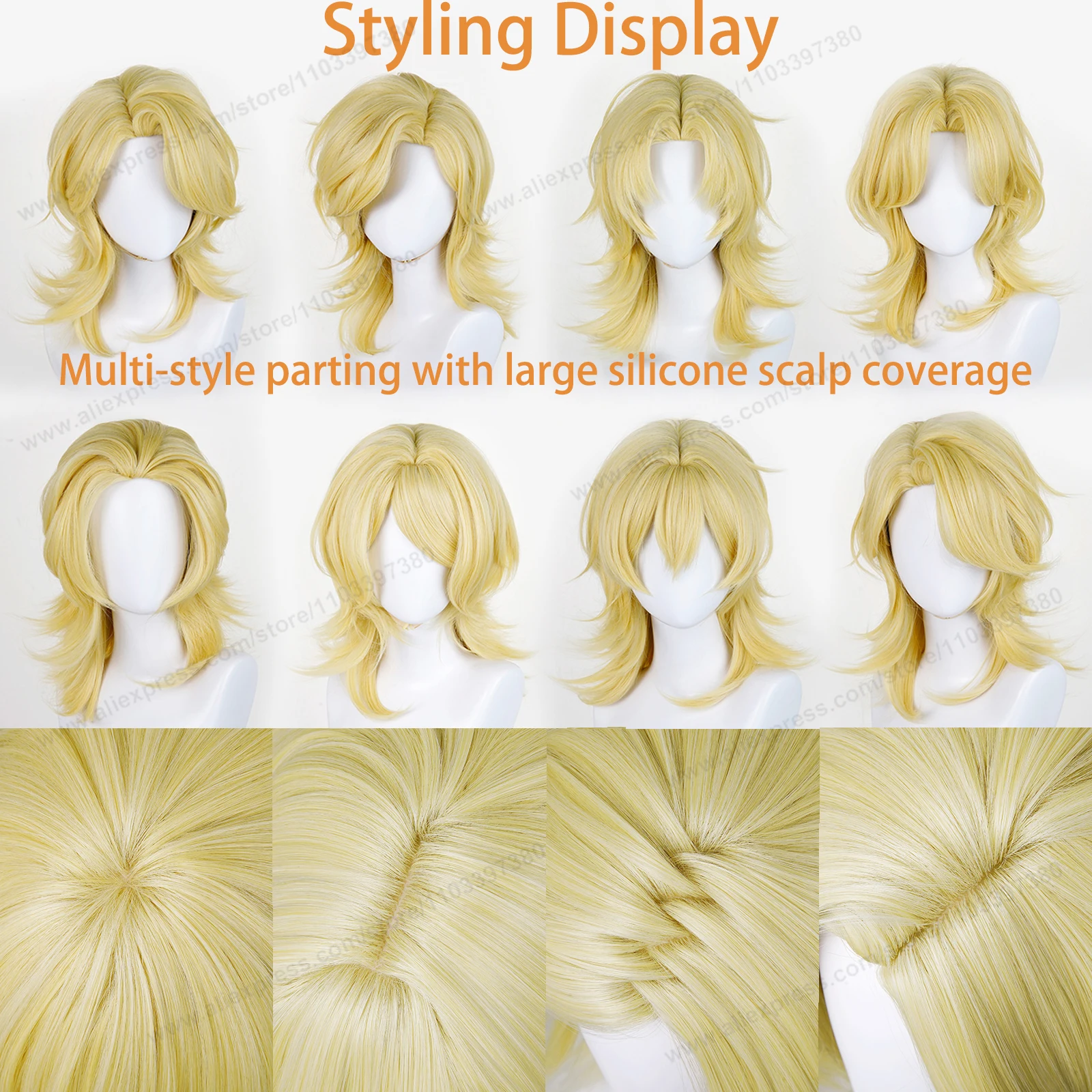 Peruka Cosplay Anime 45cm Uniwersalna z Powiększonym Skalpem, Dowolnym Przedziałkiem, Czarno-Biało-Żółta, Syntetyczne Włosy Odporne na Ciepło dla Kobiet i Mężczyzn