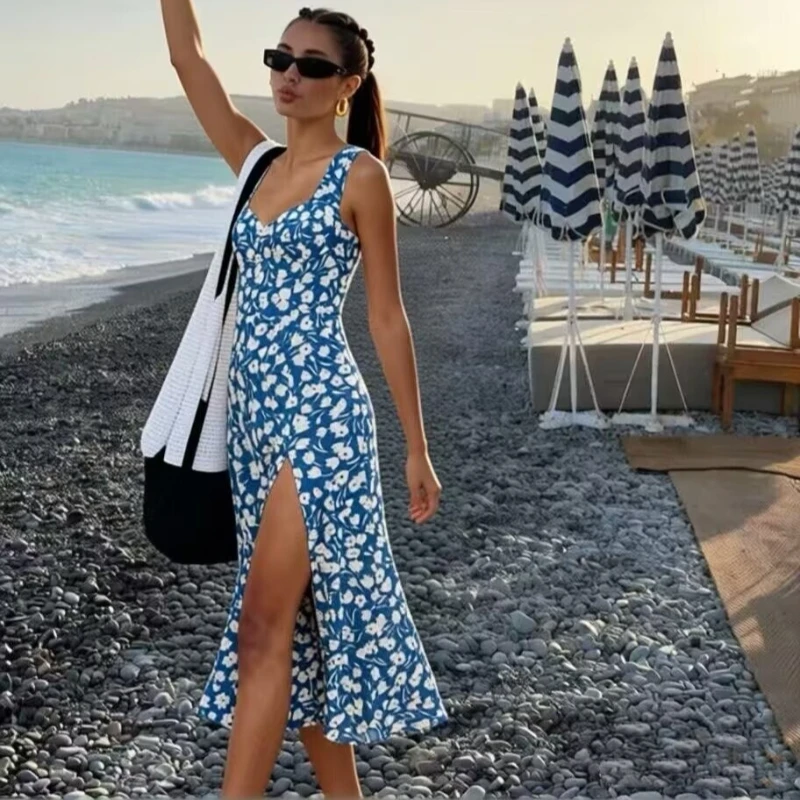 

Tsiisd Print Long Dress Spaghetti Strap Dress Women Backless High Slit Beach Holiday Style Fashion Party Dress Female Maxi Dress