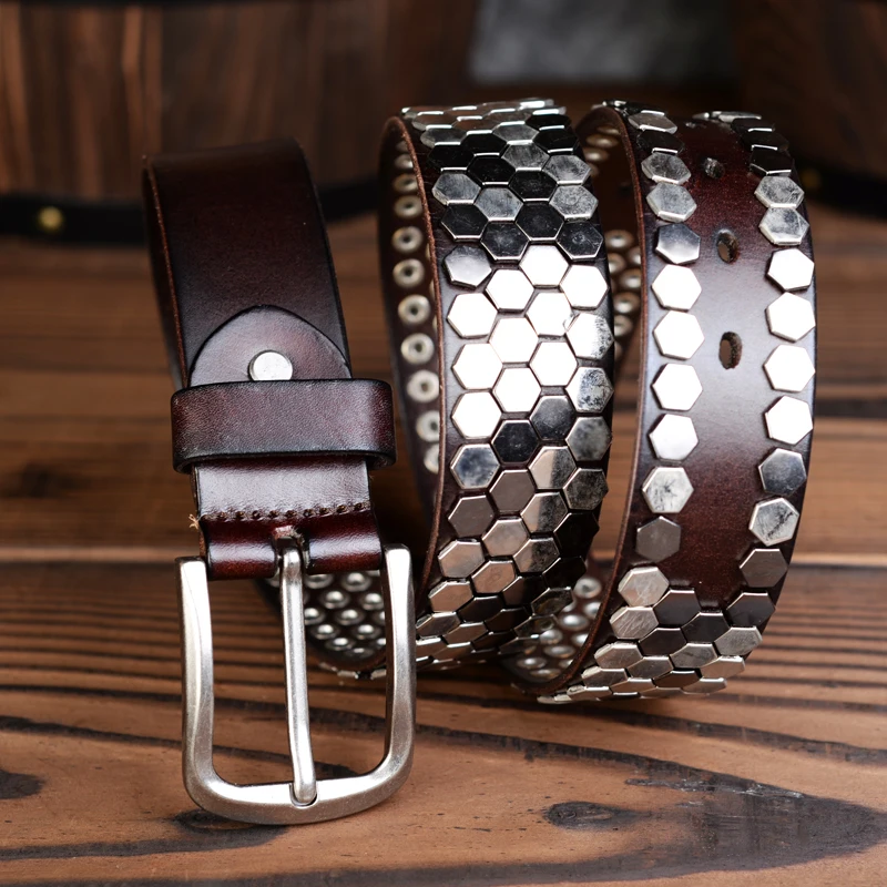 Rock Punk Belts Geometry Pattern for Male Men Rivet Studded Belts First Layer of Cowskin Hip Pop Decorative Belts For Jeans