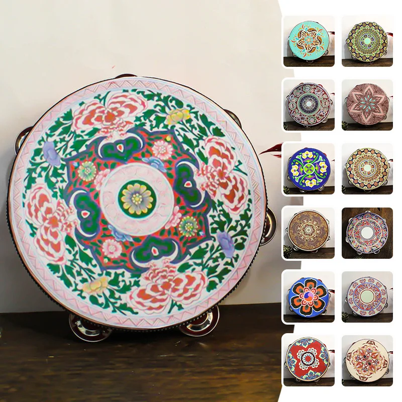 20cm Bohemian Style Tambourine Handbell Hand Drum Colourful Wooden Tambourine for Dance Concerts Pro Percussion Instrument Parts