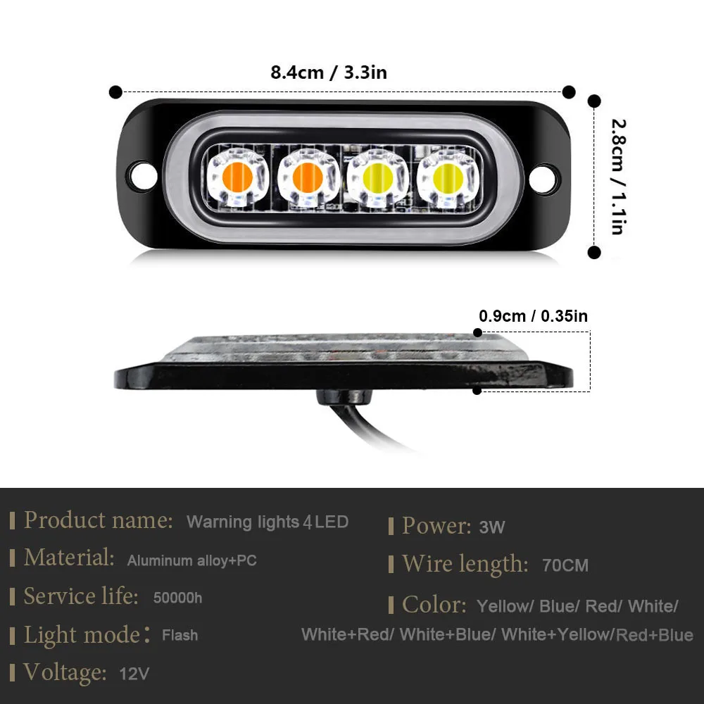 YSY 1pcs 4led Led Strobe Warning Light Strobe Grille Flashing Light Bar Car Beacon Lamp Amber Traffic Light 12V Light