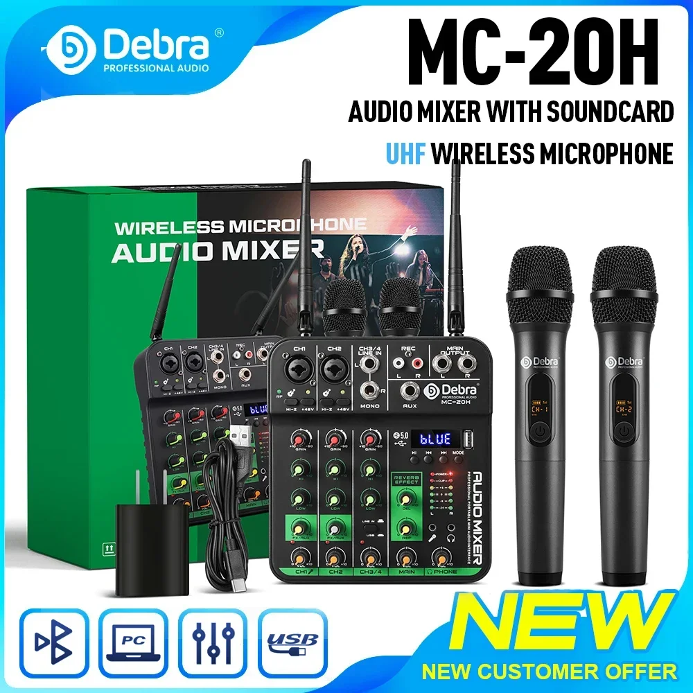 Debra UHF Audio Mixer 4 Channel With 2 Wireless Microphone Soundcard USB Delay Repaeat Effect Sound Mixing Console PC Recording