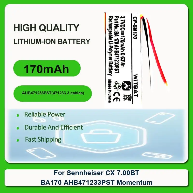 

In - Ear Headphones Battery For Sennheiser CX 7.00BT , BA 170 AHB471233PST Momentum In-Ear AHB471233PST(471233 3 cables) 170mAh