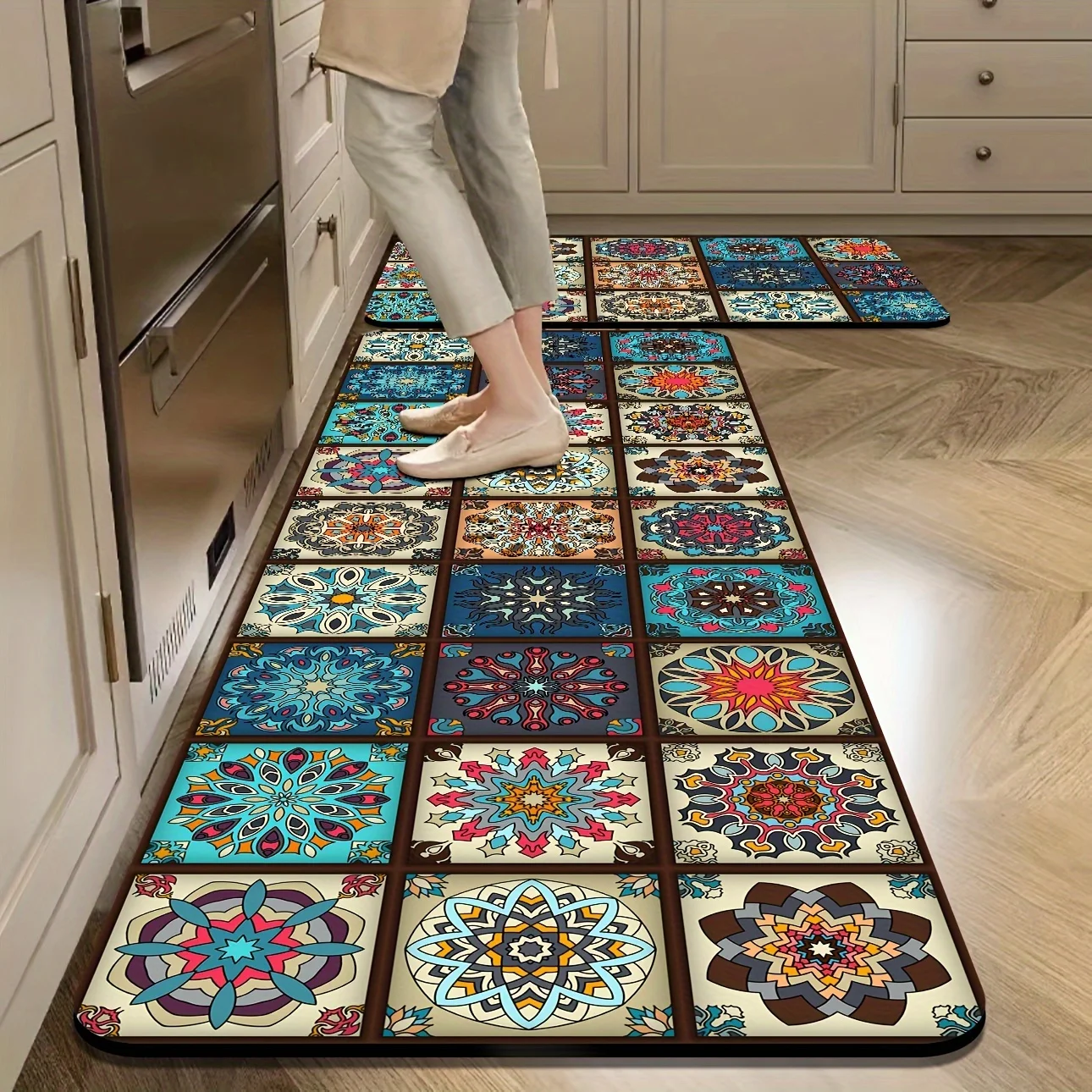 VIKAMA Bohemian Chic Vintage Kitchen Rug Non-Slip Diatom Mud Mat for Home Decor Welcome Carpet Laundry Floor Mat Bathroom