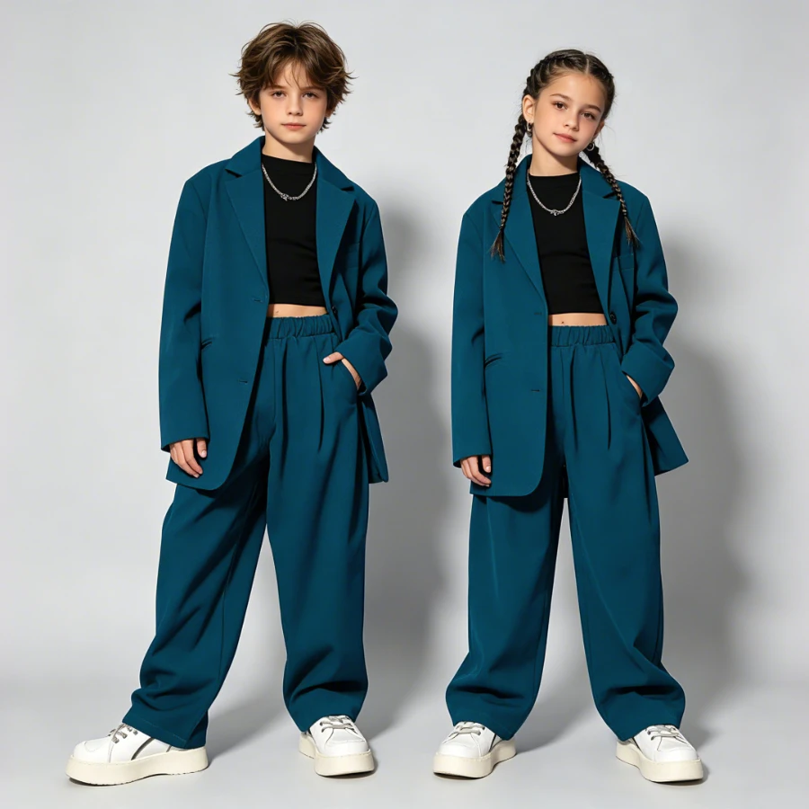 Suit for Girls Fashion Loose Teen Boys Blazers Set 4 To 16 Y Kids Jazz Dance Performance Costume Blue Casual Child Group Outfit