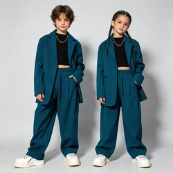 Suit for Girls Fashion Loose Teen Boys Blazers Set 4 To 16 Y Kids Jazz Dance Performance Costume Blue Casual Child Group Outfit