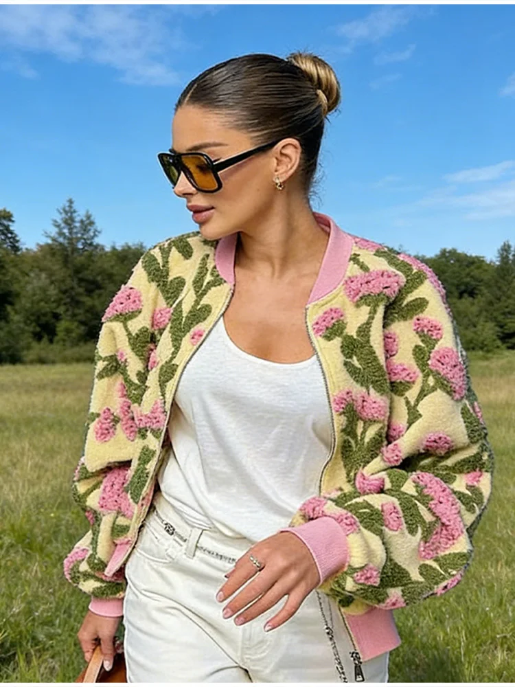 Designer 3D-Blumen-Fleece-Bomberjacke für Damen, Modische Oversize-Jacke mit Reißverschluss, Luxuriöse Plüsch-Oberbekleidung, Herbst-Winter-Streetwear 2026 – Detail 19