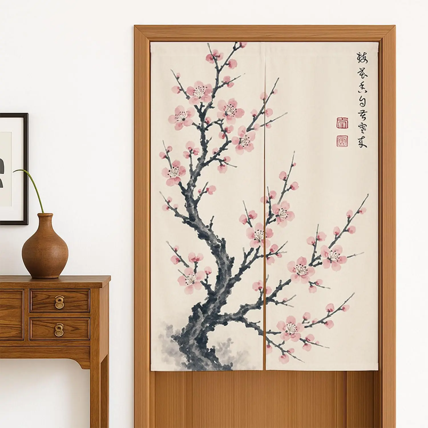 Pink Flower Japanese Style Door Curtain, Asian Noren Cotton Curtains, Cotton Linen Door Curtain, Fabric Room Division