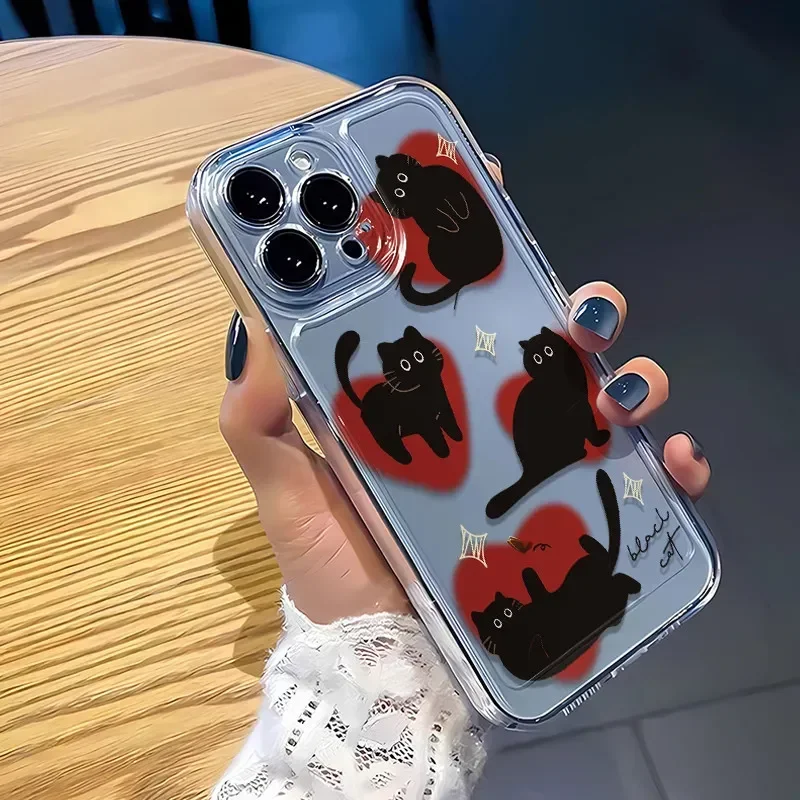 Ins Lovely Love Heart Black Cat Phone Case For iPhone 16 Pro Max 15 14 13 12 11 Pro Xr Xr Max 7 8 Plus Cartoon Y2K Phone Cases