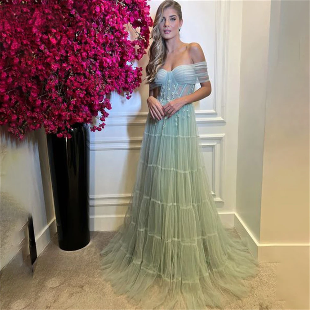 

Off The Shoulder Long Party Dress Vintage Mint Green Net Night Dresses Sweetheart Appliques Celebrity Dress vestidos de fiesta