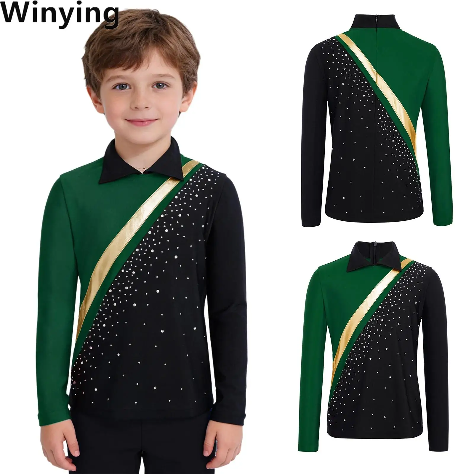 

Kids Boys Figure Skating Performance Costume Shirt Contrast Color Tango Jazz Ballet Latin Dancewear Long Sleeve Rhinestones Tops