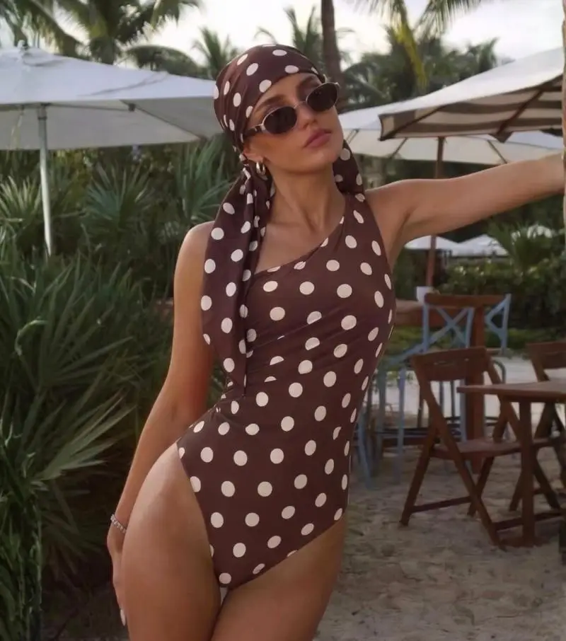 Flaxmaker Women 2026 One Shoulder Dot Print Ruched Swimsuit Set(s) Ladies Party Swimwear Bathing Suit Biquini conjunto de