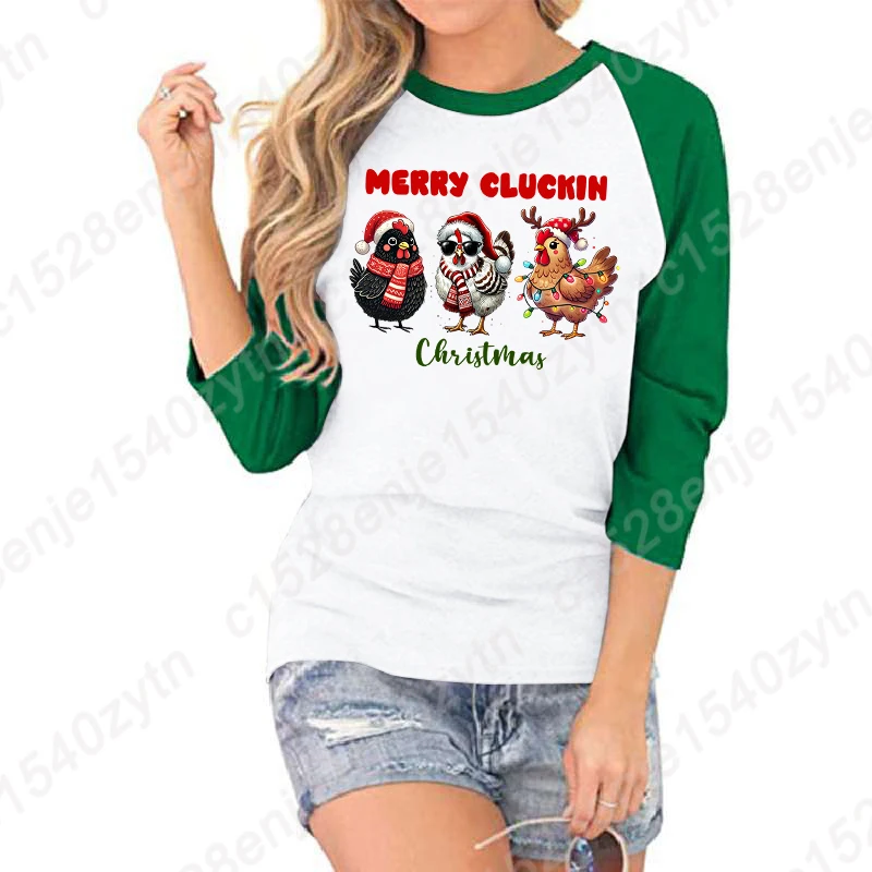 Women Fashion Christmas Light Cock Merry Cluckin Christmas Seven Sleeves Shirts Summer Round Neck Creative Personalized T-shirts