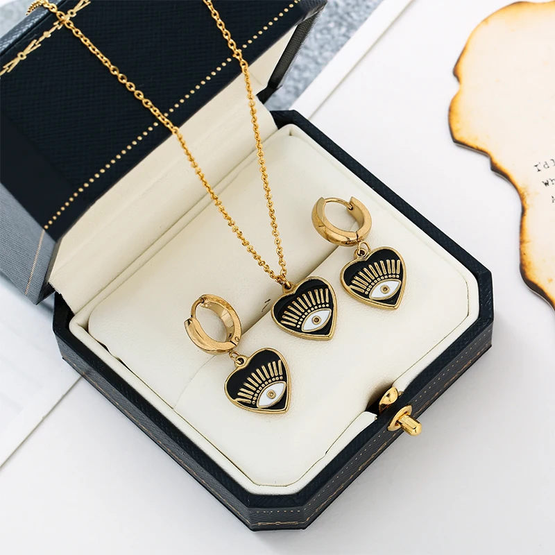 

Bohemia Heart Evil Eye Pendant Necklaces Earrings Set for Women Gold Plated Stainless Steel Clavicle Necklace Earrings Jewelry