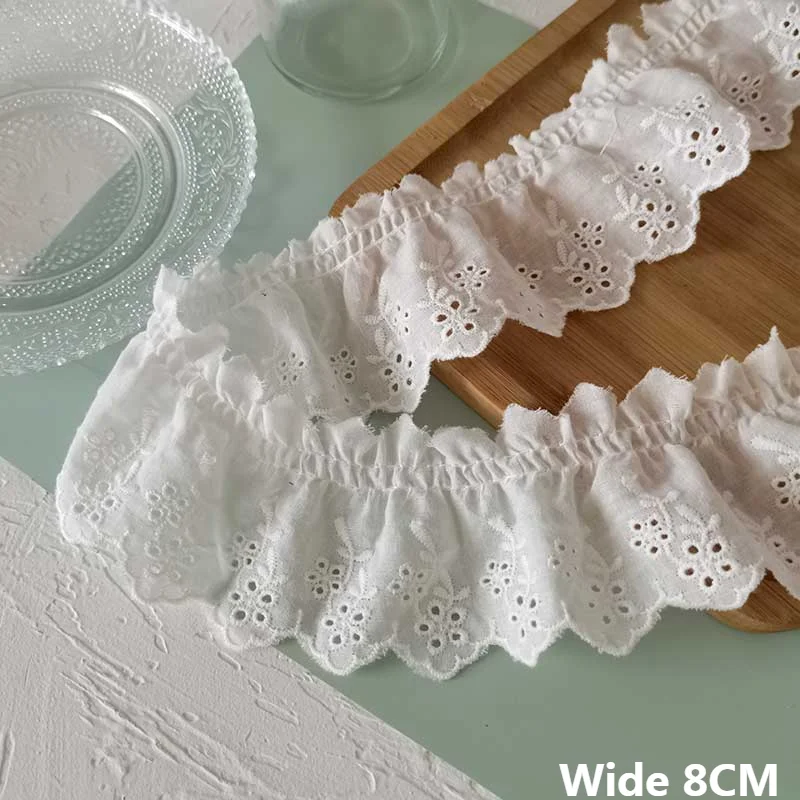 8CM Wide White Cotton Polyester Embroidered Lace Material Ruffle Trim Ribbon Wedding Dress Collar Neckline DIY Sewing Decor